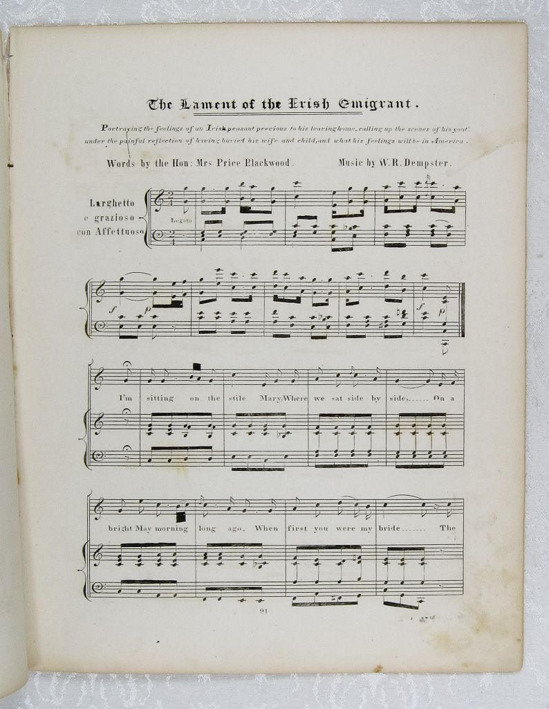 RARE Lament of The Irish Emigrant Sheet Music C1843