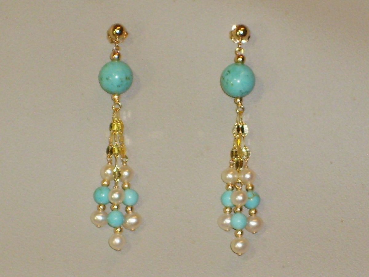 14K solid yellow gold white pearl turquoise elegant earrings