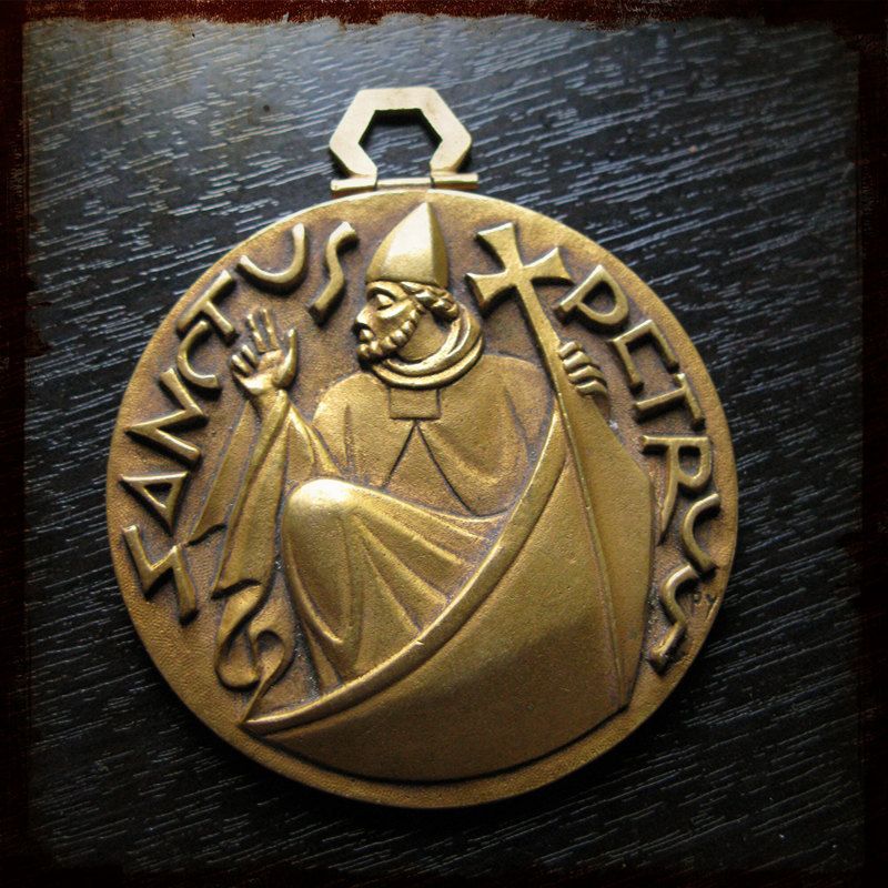 Antique Fernand Py Religious Gold Plated Medal with Saint Peter St