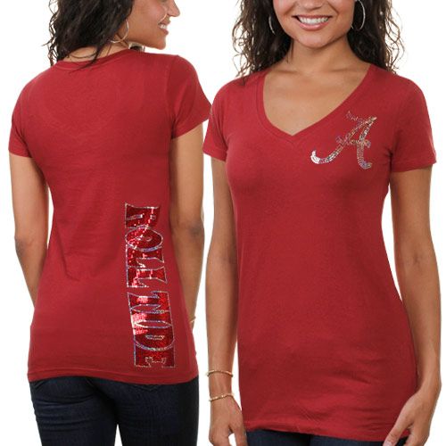 Alabama Crimson Tide Ladies Sequin Team V Neck T Shirt Crimson