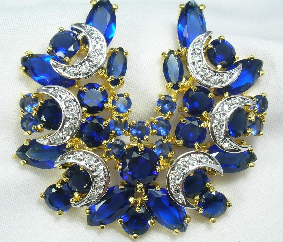 Gold 18k 14k gf Tanzanite Sapphire Blue Color Stones Crescent Pin