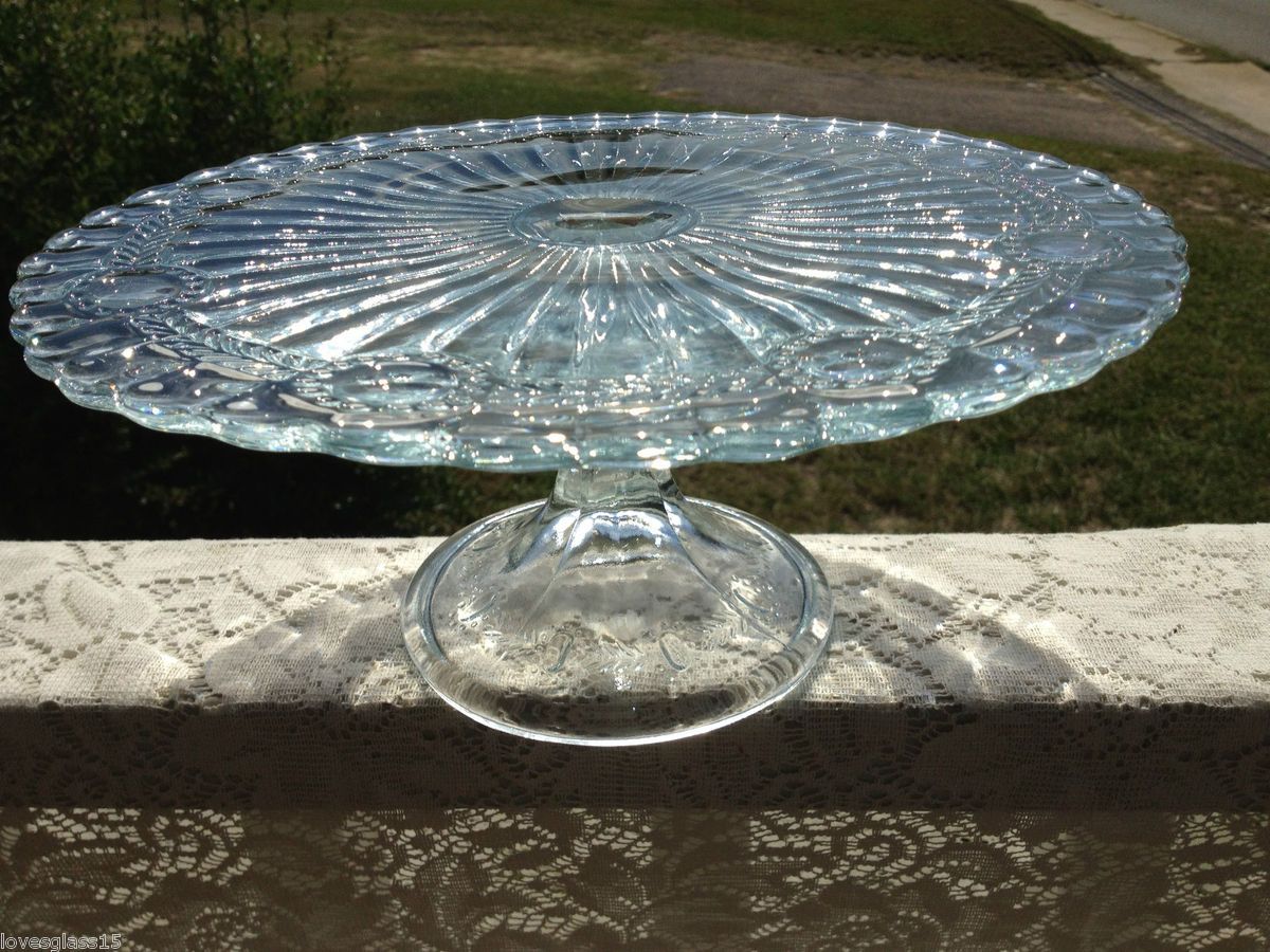 Vintage Clear Glass Pedestal Cake Plate Stand Pretty Embossed Pattern