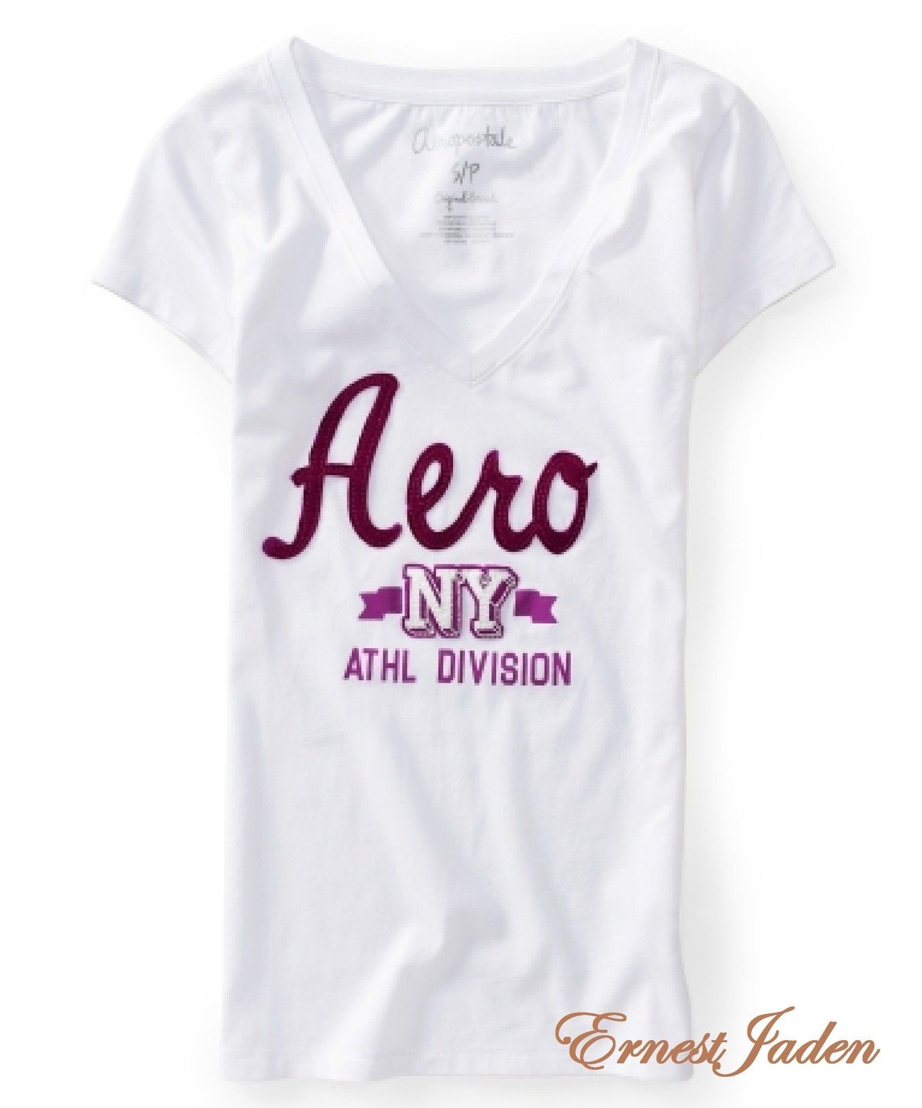  Womens Girls Aero NY Athletics V Neck Graphic Tee T Shirt L