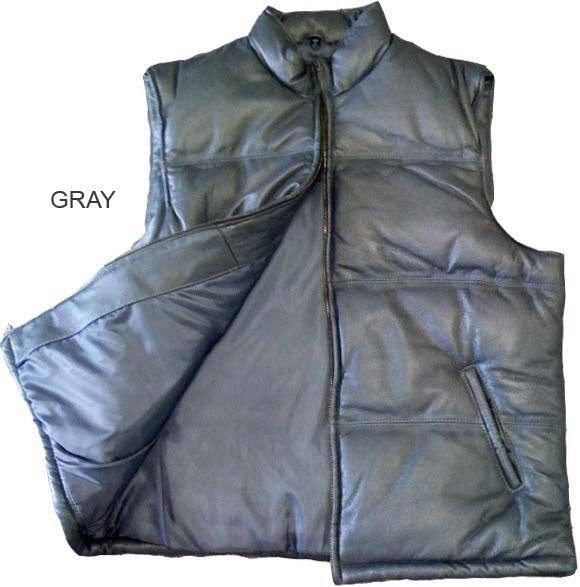 Mens Leather Bubble Vest L 6X Hot Navy Gray Wht