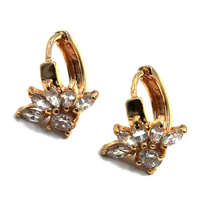 Gold 18K GF Earrings Small Hoop Huggie Flower CZ White Crystal 10mm