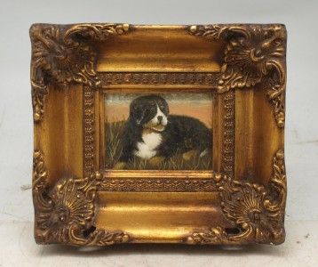 Miniature Oil Painting of A Laying Dog in A Solid Wood Gilt Frame Hand