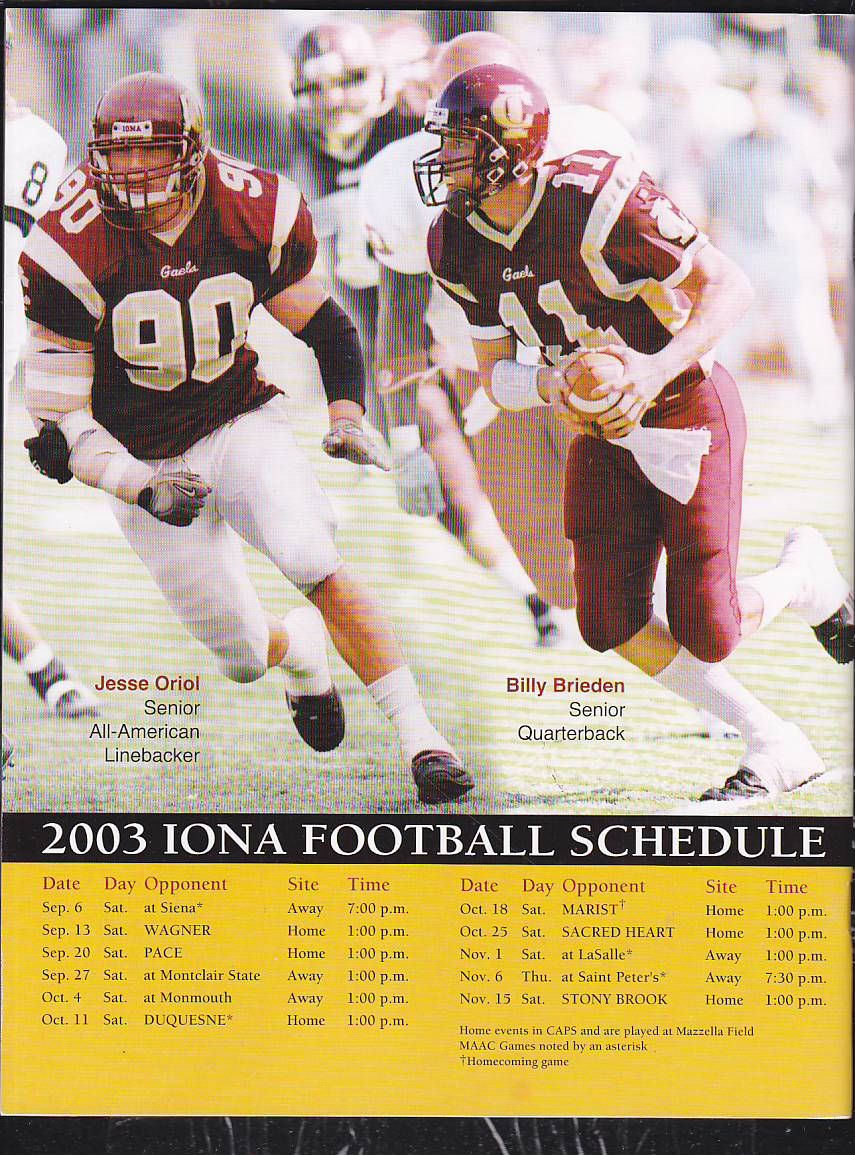 2003 Iona College Gaels Football Media Guide Maac