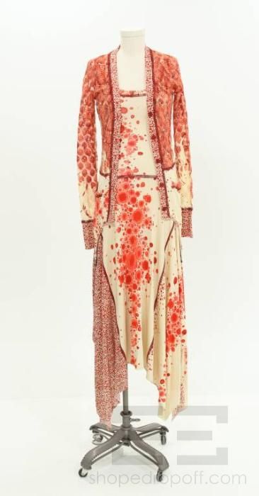 Jean Paul Gaultier 2pc Red Cream Mesh Cardigan, Sleeveless Dress Set L