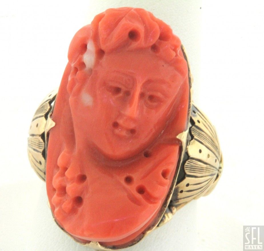 Antique 14k Gold Fancy Carved Coral Cameo Cocktail Ring Size 5 75  