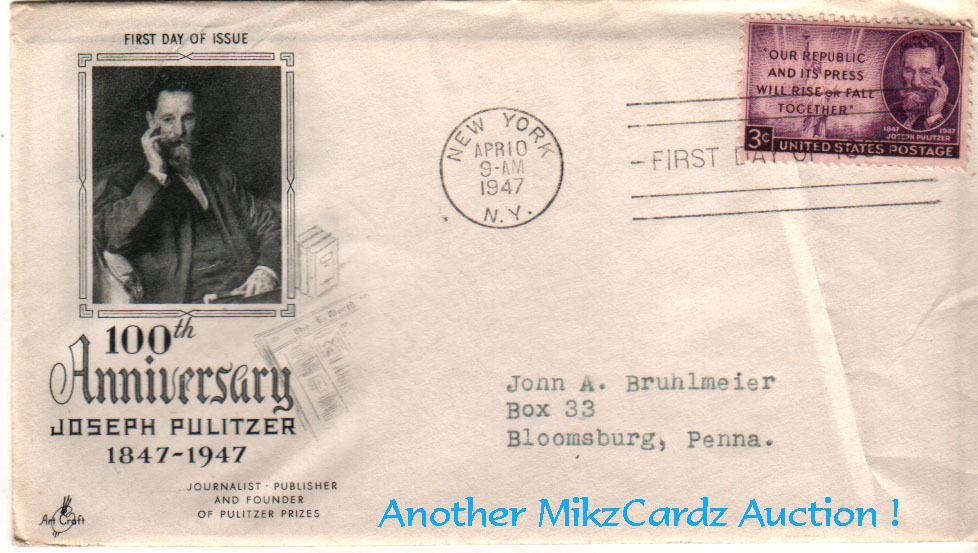 1947 3 Cent Stamp 1st Day Issue Commemorating "Joseph Pulitzer"  