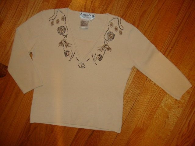 Joseph A Off White Beige Brown Beaded Sweater Shirt Top M 8 10