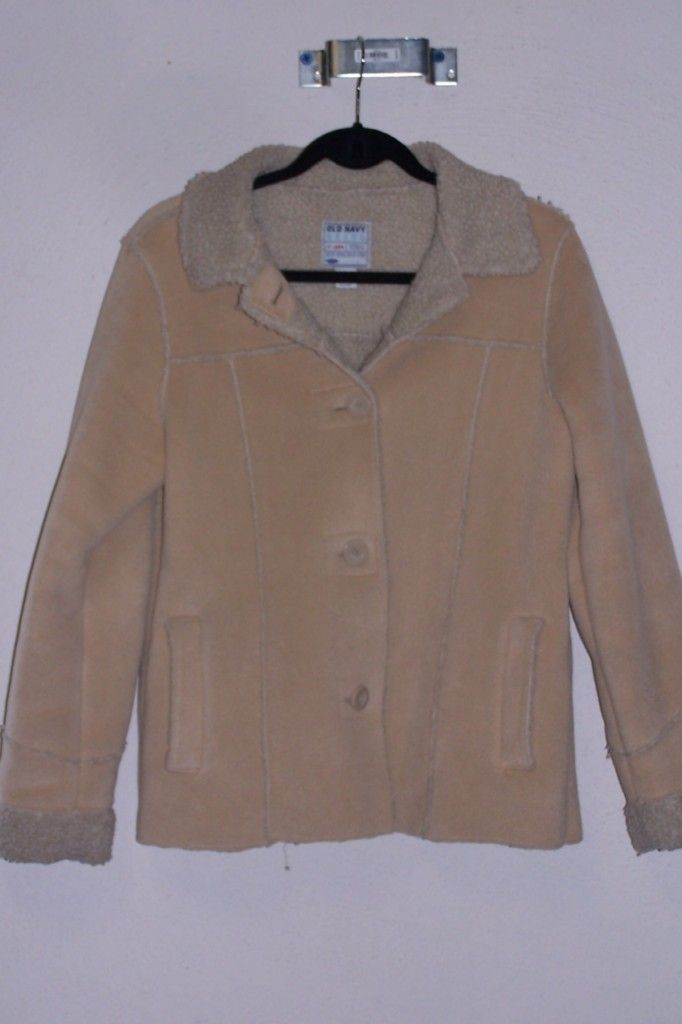Womens Old Navy LG Tan Button Up Jacket Coat Fleece Lining L Large