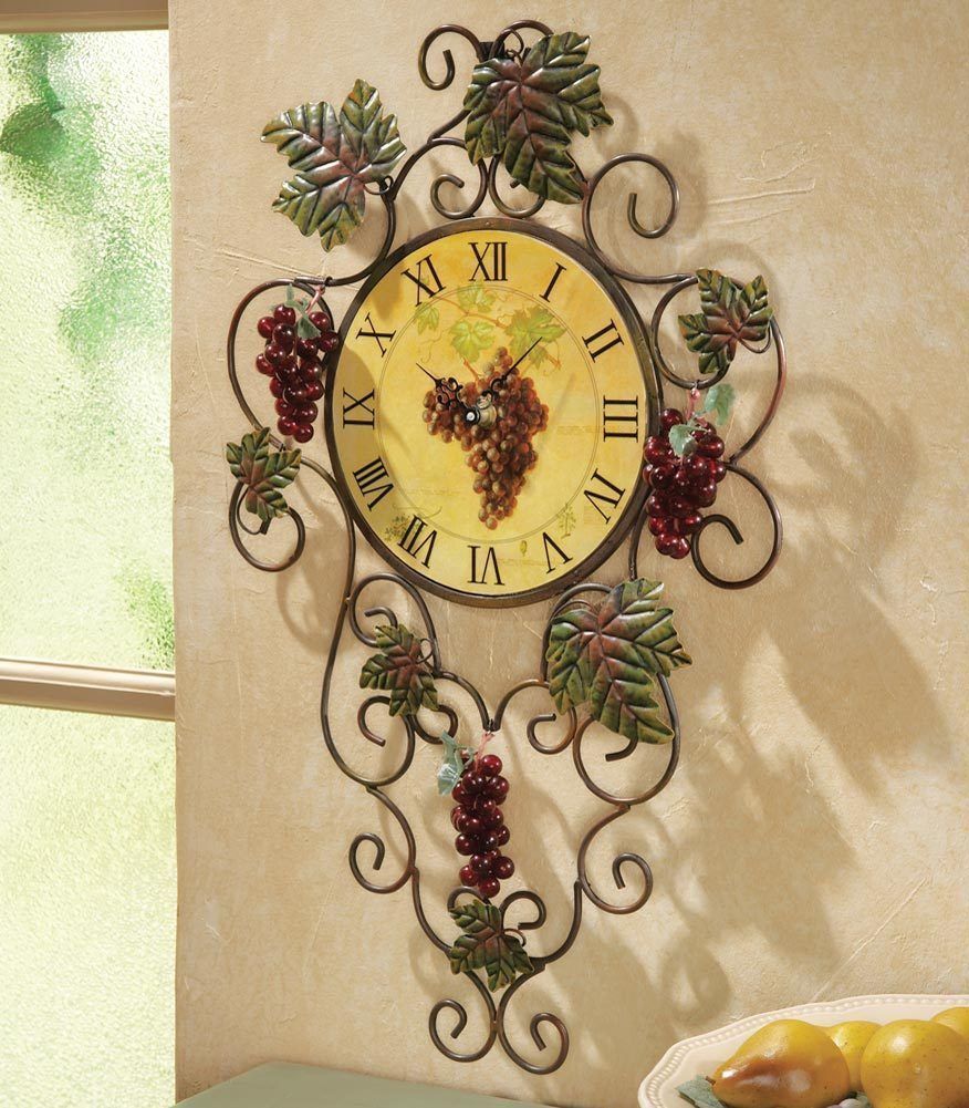 3D Vineyard Metal Kitchen Grape Vine Wall Clock Decor Art Vintage