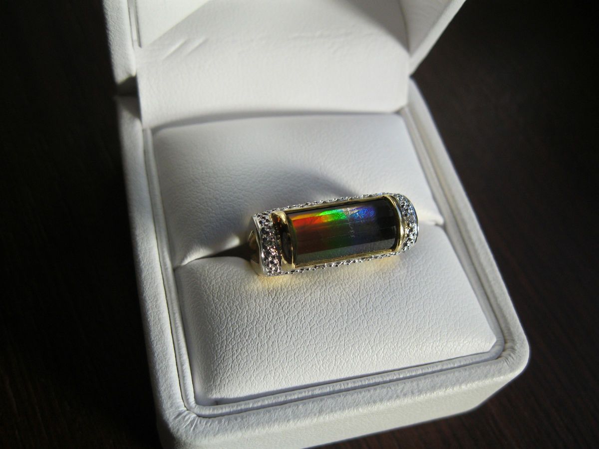 Korite Faceted AA Ammolite Diamond 18ct Y Gold Column Ring Size L 1 2
