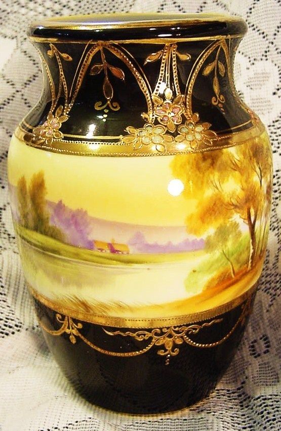 Nippon Vase Hand Painted Trees Lake Hill Scene Black Gold Moriage
