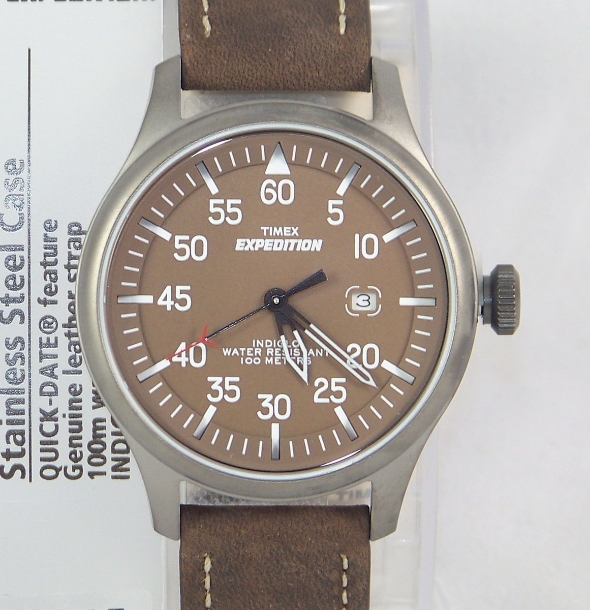 T49874 Timex Expedition INDIGLO Light Stainless Steel Case Brown