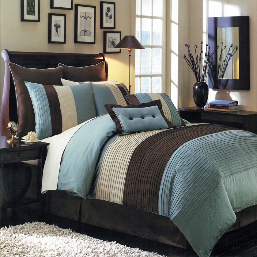 Royal Tradition Luxury Blue Brown Hudson 8PC Comforter Bedding Bed in