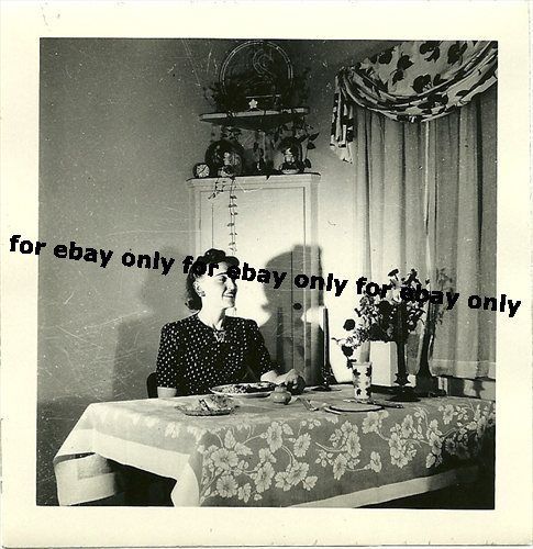 Vintage Old Photo Woman Dining Room Table Cloth Shadows Curtains 1940