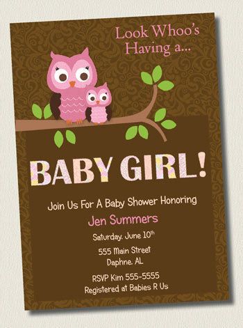 DAMASK BROWN & PINK OWL BABY GIRL SHOWER INVITATIONS BIRTHDAY PARTY