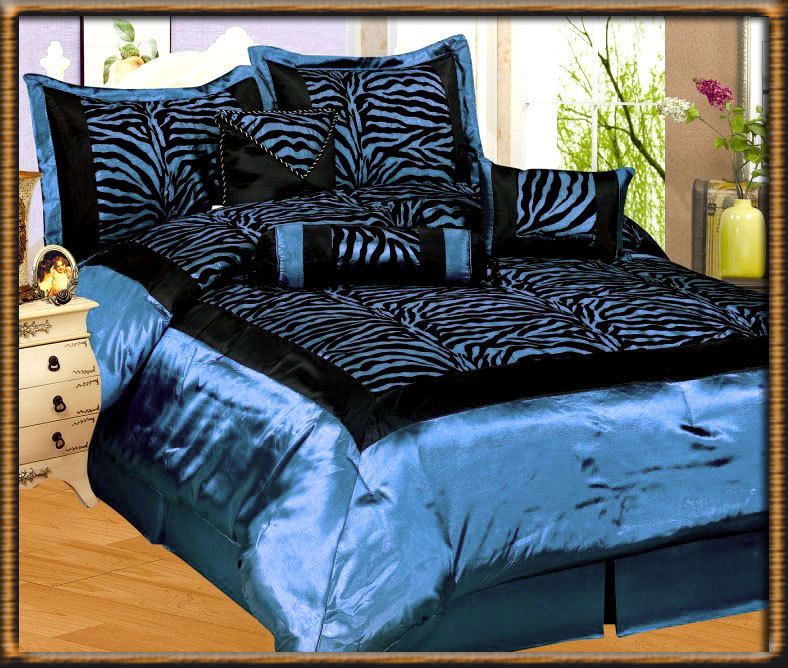 /Light Blue Flocking Zebra Pattern Bedding Comforter Set King Size