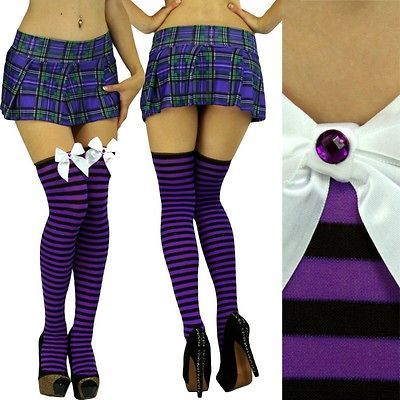 Get Your Cute Opaque Purple Striped Thigh High Multi Way Satin