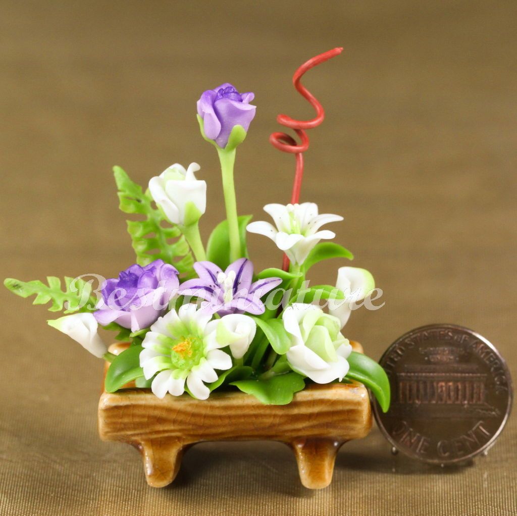 Dollhouse Miniature Rose Calla Lily Flower Arrangement Bouquet Pot 1