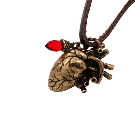 Anatomical Heart Antique BRONZE Pendant BROWN Leather Necklace