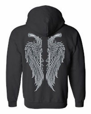 ZIP UP HOODIE Grey Pistols with Angel Wings S XL 2X 3X 4X 5X 8 COLORS