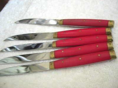 Stainless Steak Knives with red handles & brass rivets FRANCE 9 1/4