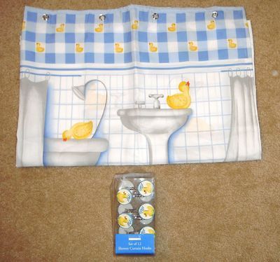 Rubber Ducky Shower Curtain and Resin Hooks Set Shower Stall Size