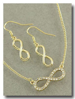 Infinity Jewelry GOLD Infinity Necklace Earring SET GOLD Rhinestone