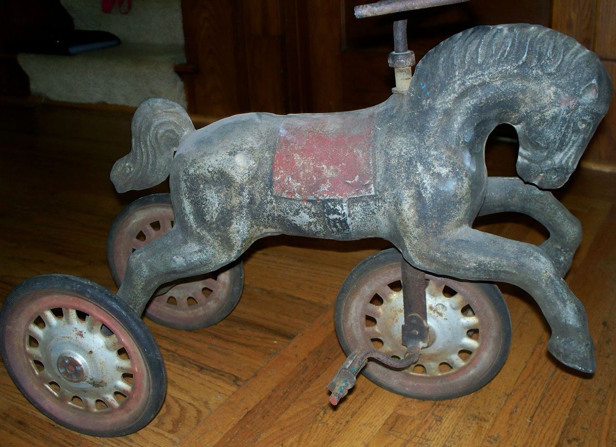 RARE Antique Horse Tricycle Steel Wheels Hard Rubber Tires